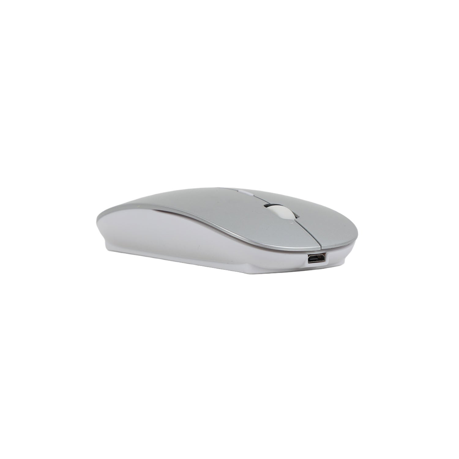 Grey wireless mouse side view with USB port