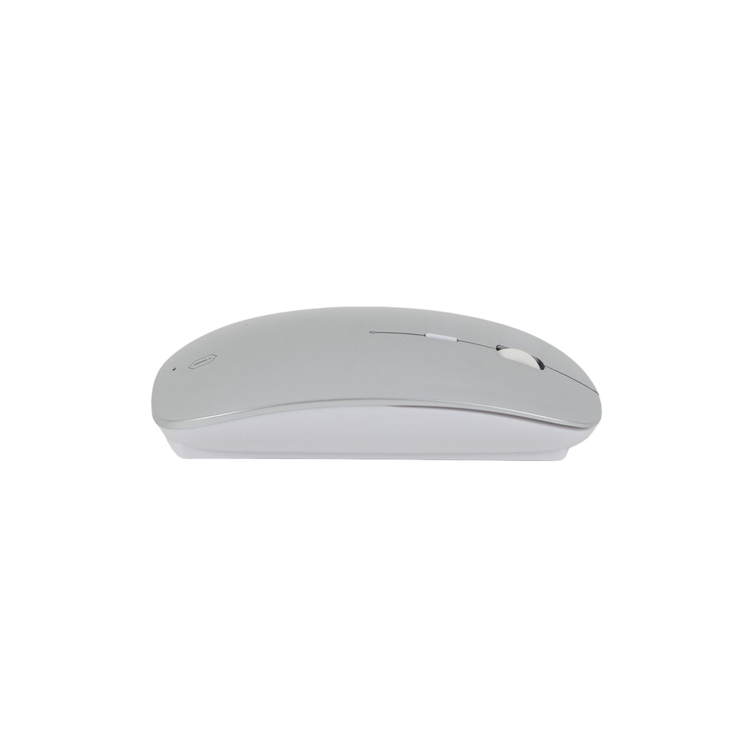 Grey wireless mouse top view with scroll wheel