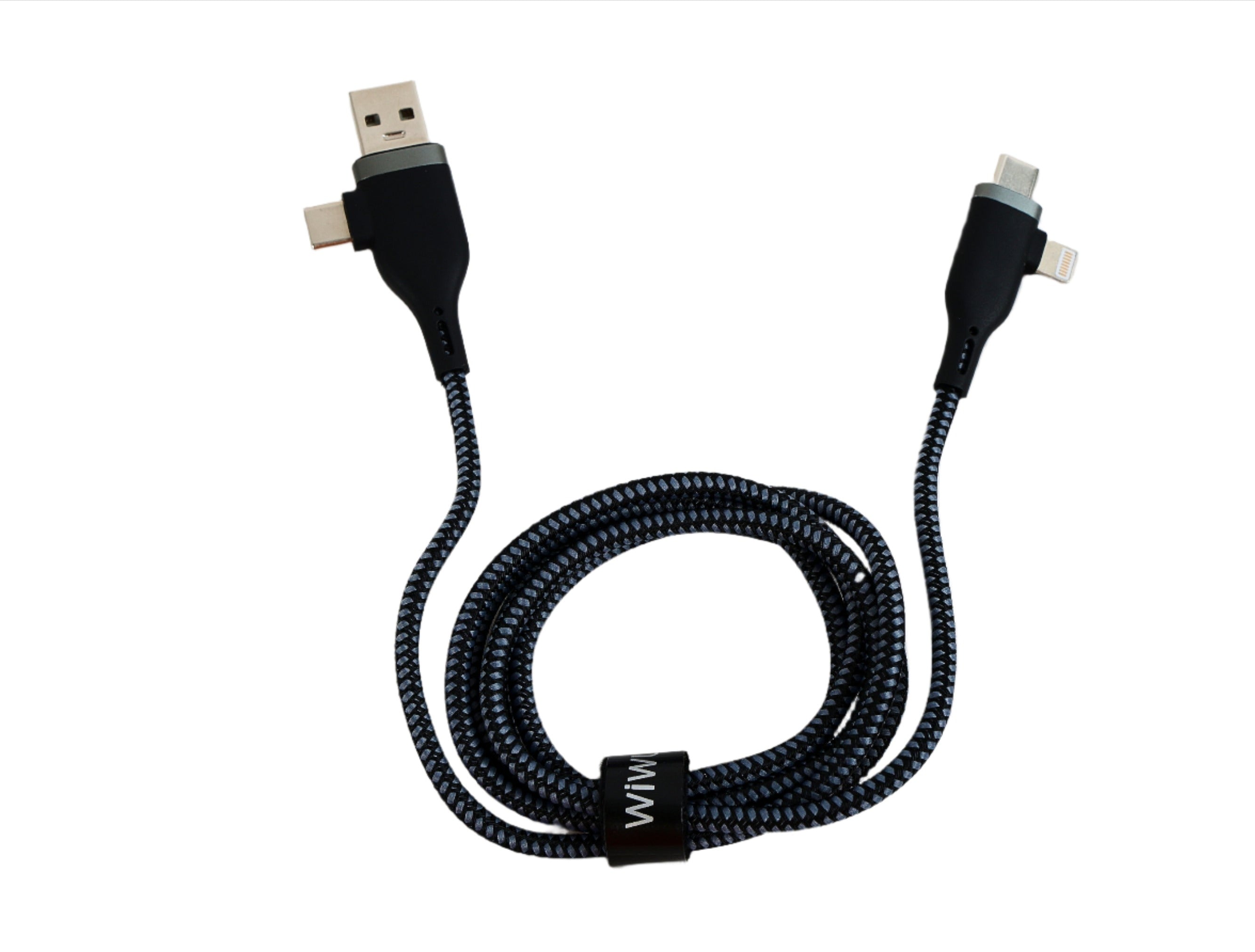 وصلة شاحن (كيبل شحن) بمنفذ مزدوج Type-C و USB-A إلى منفذ مزدوج Type-C و Lightning بطول 1.2 متر أسود - ويوو.