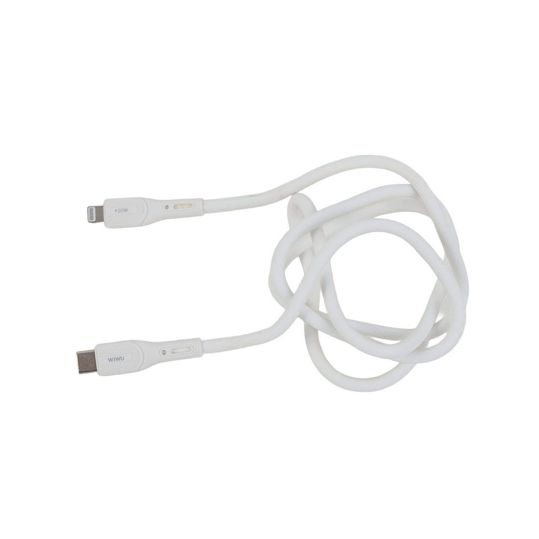 White WiWU charging cable with USB-C to Lightning connectors and molded grips.