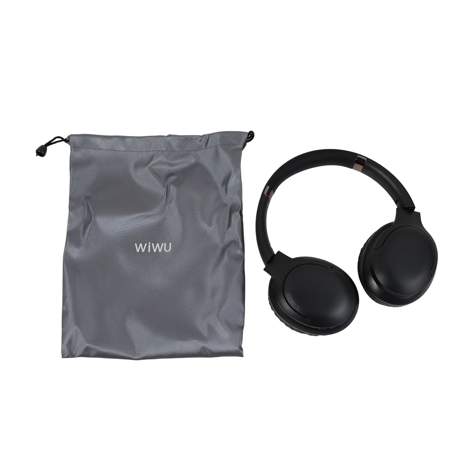 Wireless over-ear headphones with carrying pouch, black headset and gray drawstring bag.