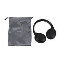 Wireless over-ear headphones with carrying pouch, black headset and gray drawstring bag.