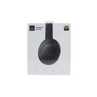 Wireless over-ear headphones, black headset shown in retail box packaging.