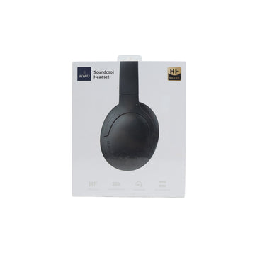 Wireless over-ear headphones, black headset shown in retail box packaging.