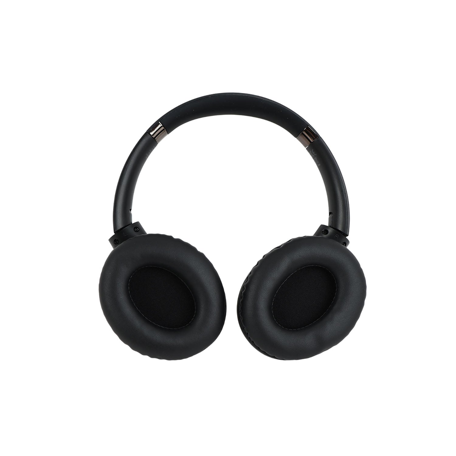 Wireless over-ear headphones, front view of black cushioned ear cups.