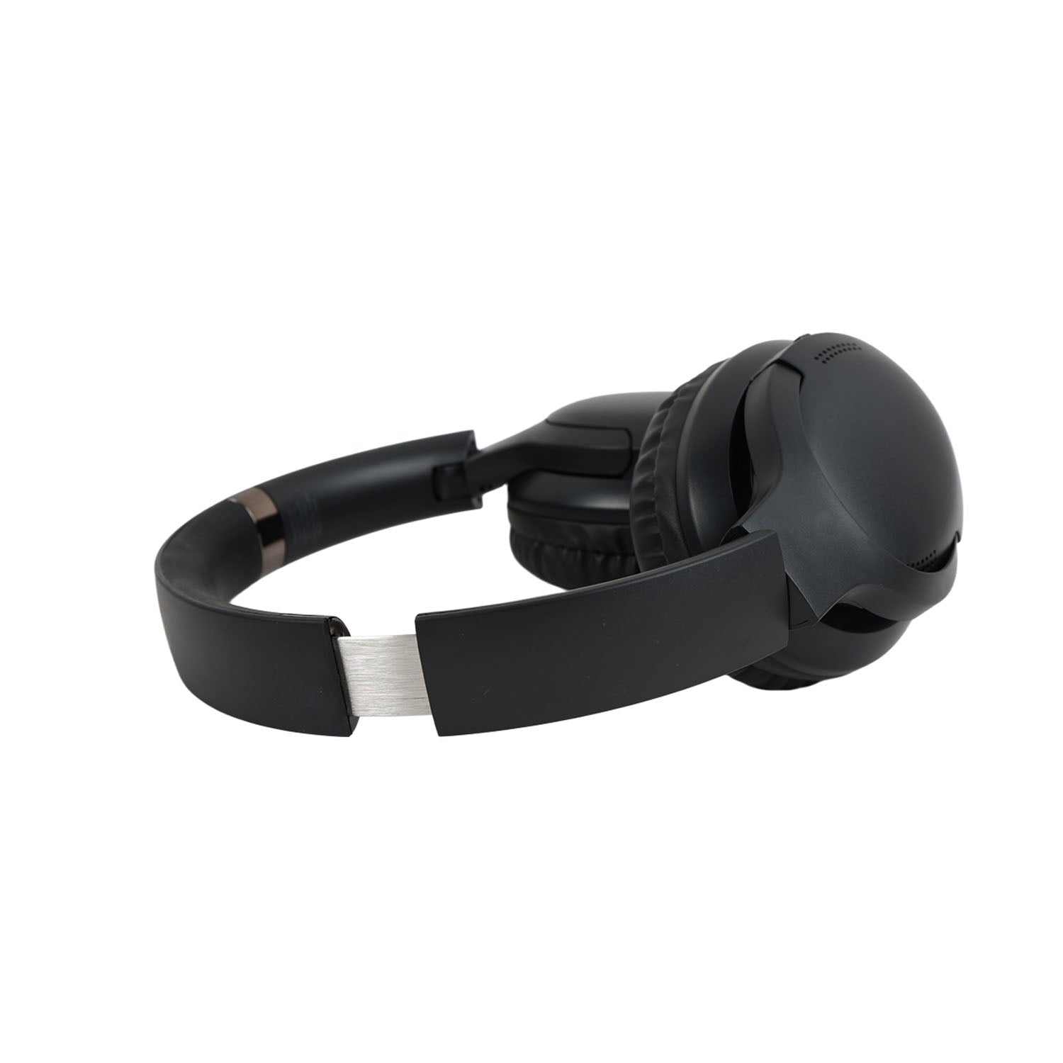 Wireless over-ear headphones, black headband with silver-colored slider detail.