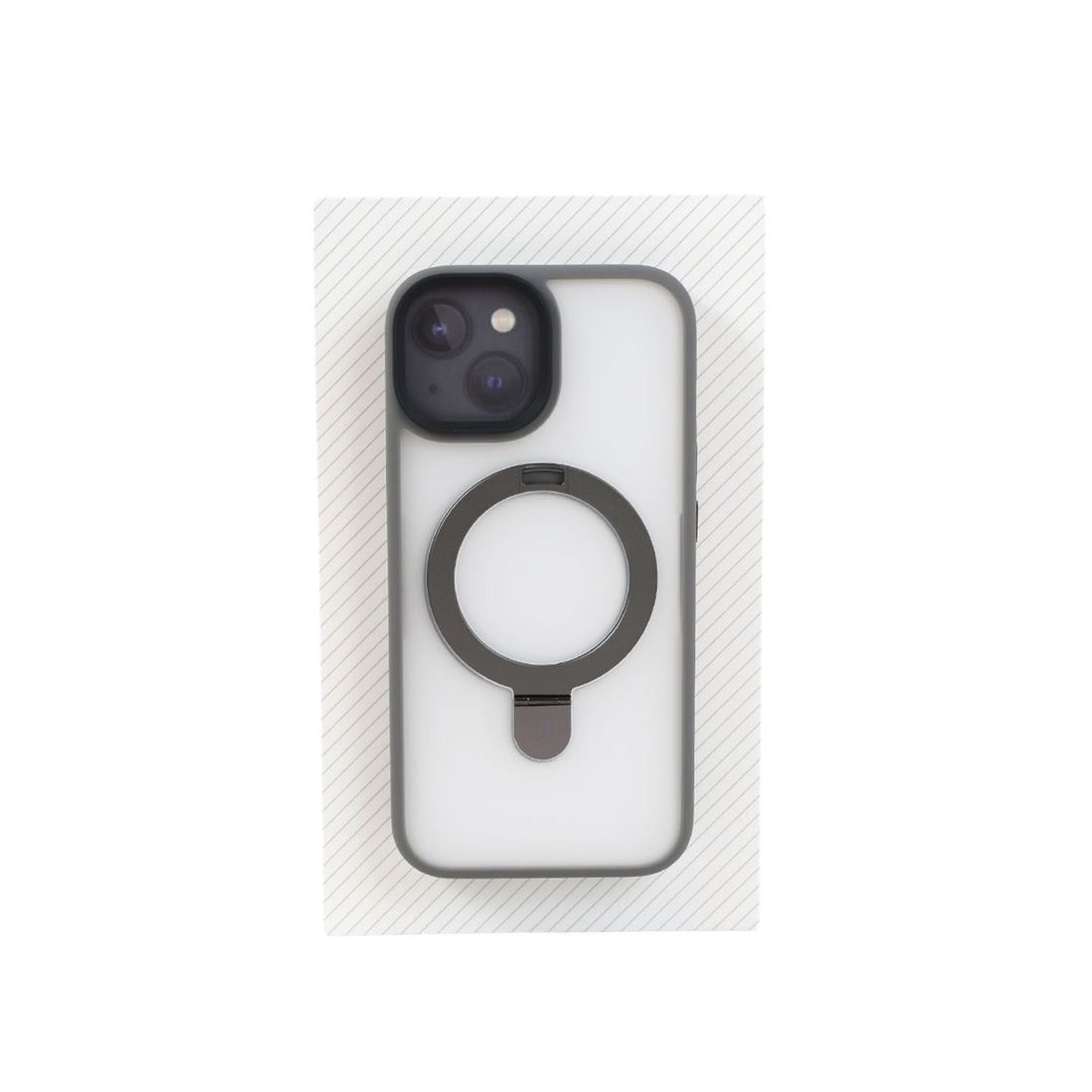 Gray phone case for iPhone 15 with rear camera cutout and ring stand