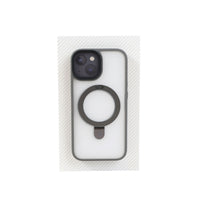 Gray phone case for iPhone 15 with rear camera cutout and ring stand