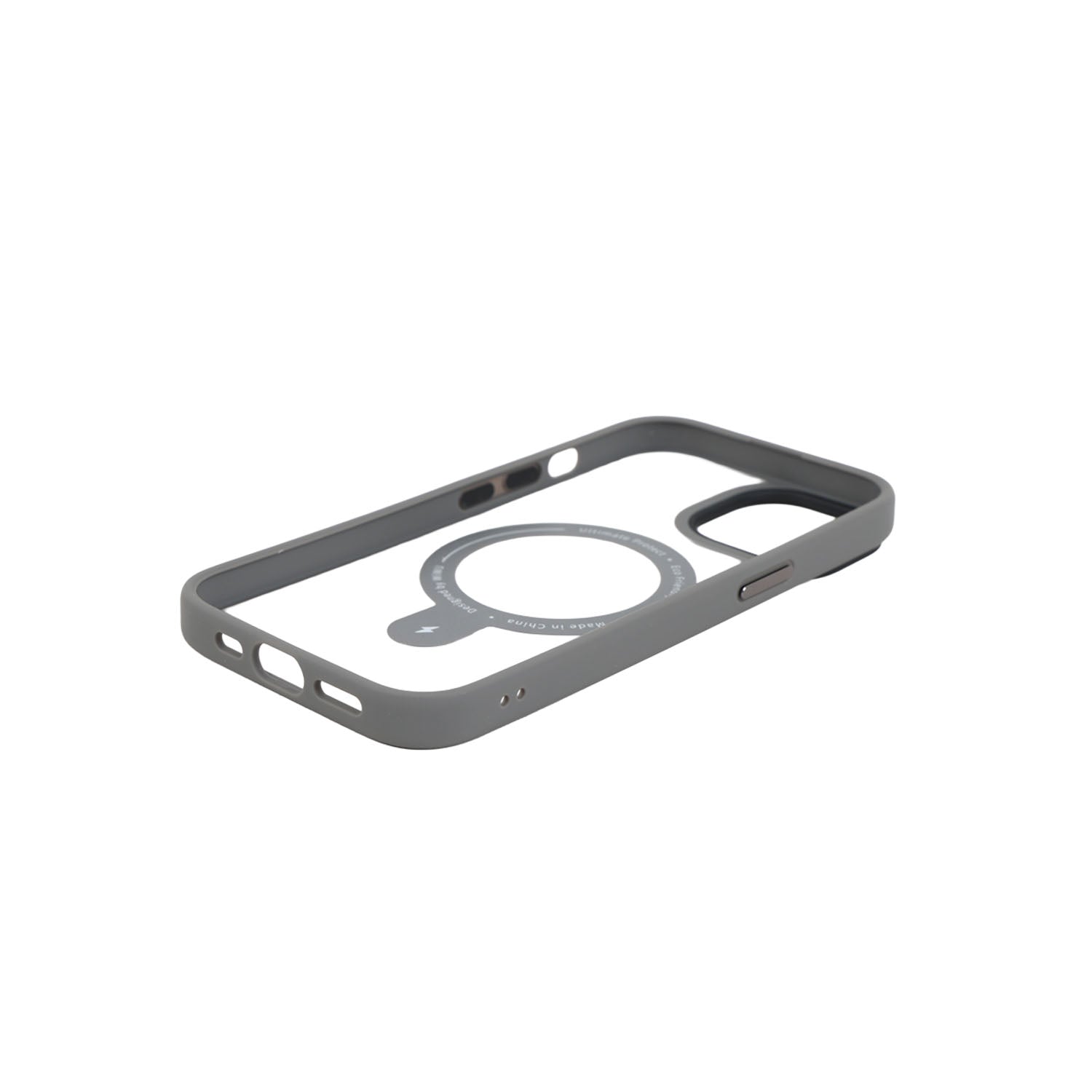 Gray phone case with built-in alloy ring stand and side button openings