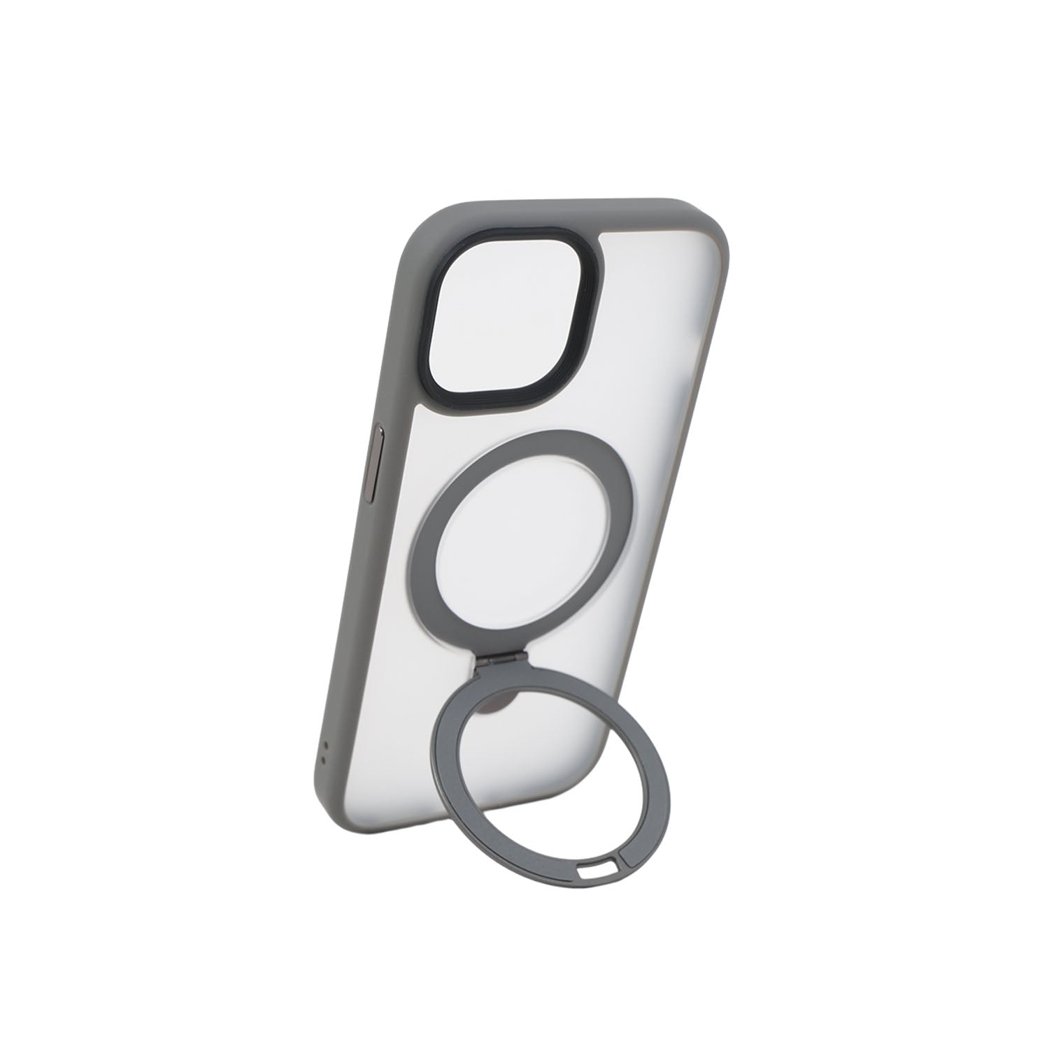 Gray iPhone 15 case with raised ring stand on back for hands-free viewing