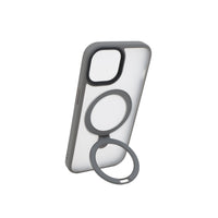 Gray iPhone 15 case with raised ring stand on back for hands-free viewing