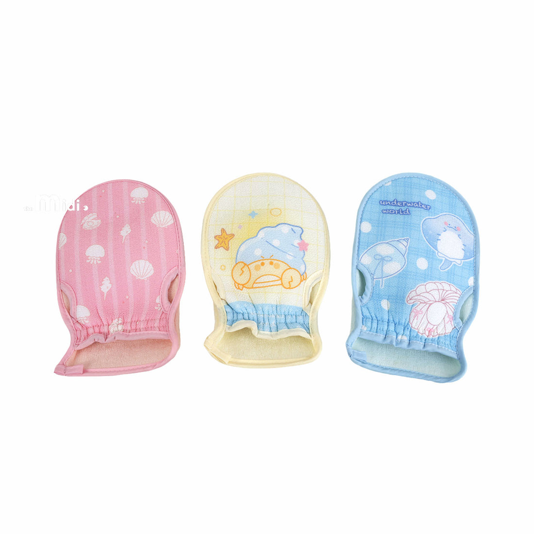 Exfoliating mitten set of three: pink, yellow, and blue with sea-life prints
