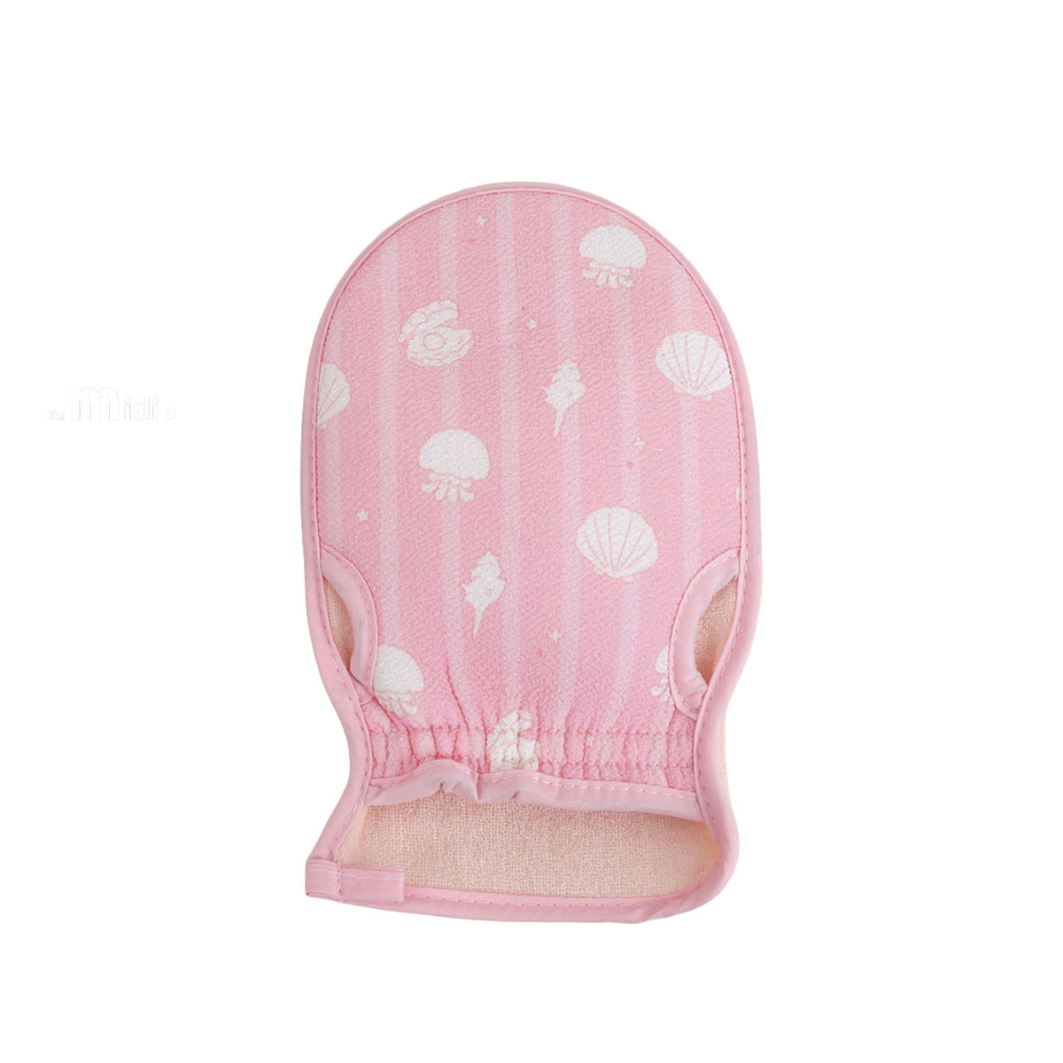 Pink exfoliating mitten with seashell and jellyfish patterns