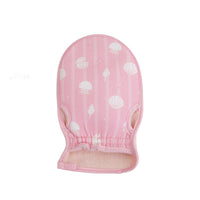 Pink exfoliating mitten with seashell and jellyfish patterns