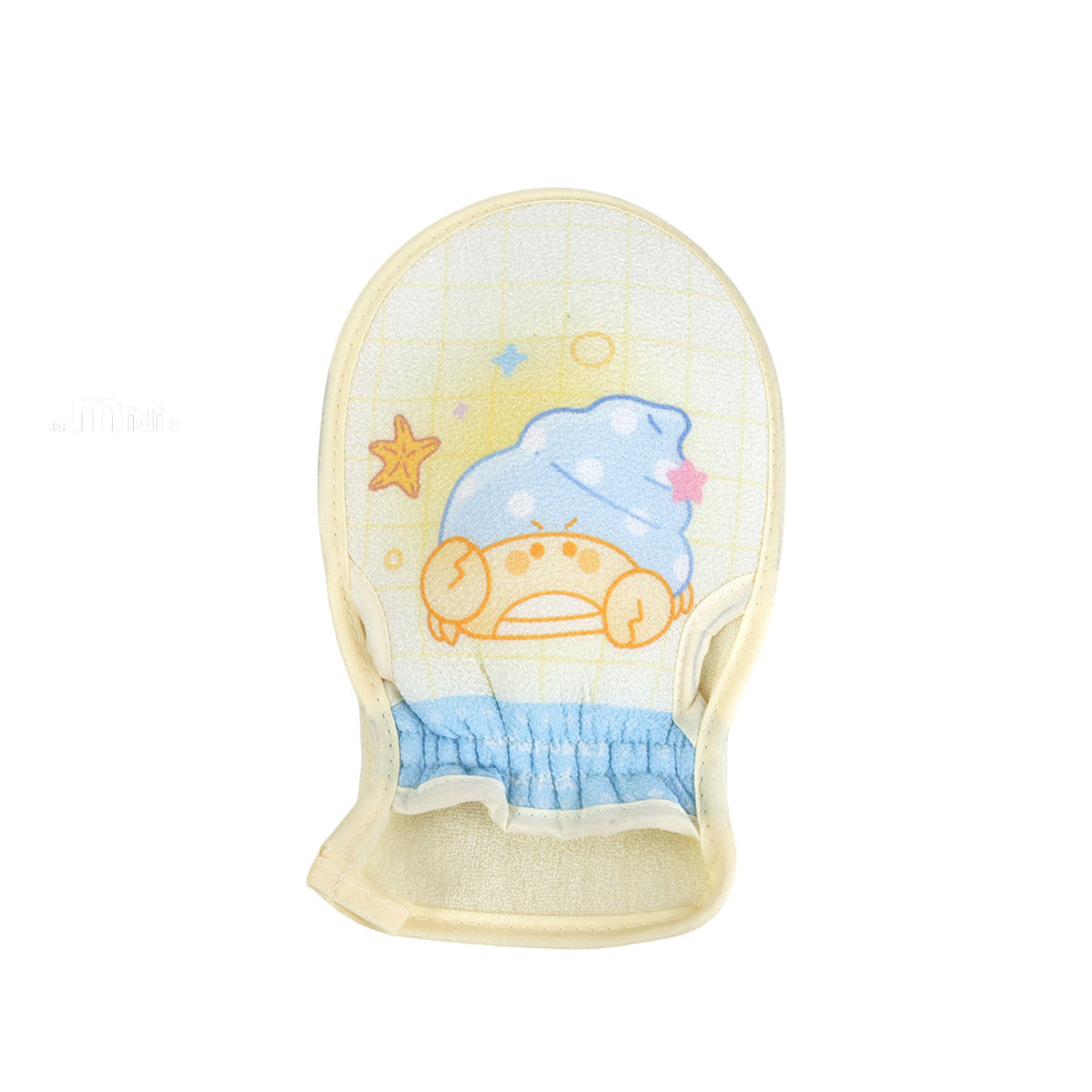 Cream yellow exfoliating mitten with dolphin, starfish, and sea grid print