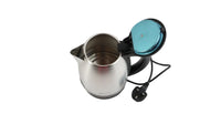 Stainless steel electric kettle with blue lid, base switch, and black handle