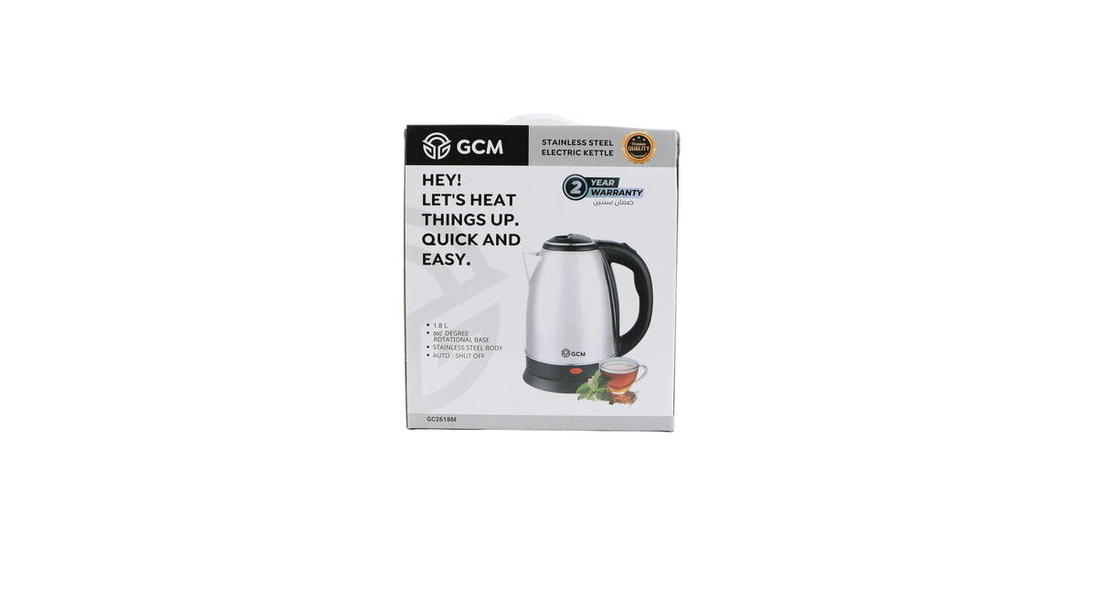 GCM electric kettle retail box with heating graphic and 'Let's heat things up' text