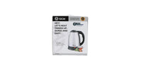 GCM electric kettle retail box with heating graphic and 'Let's heat things up' text