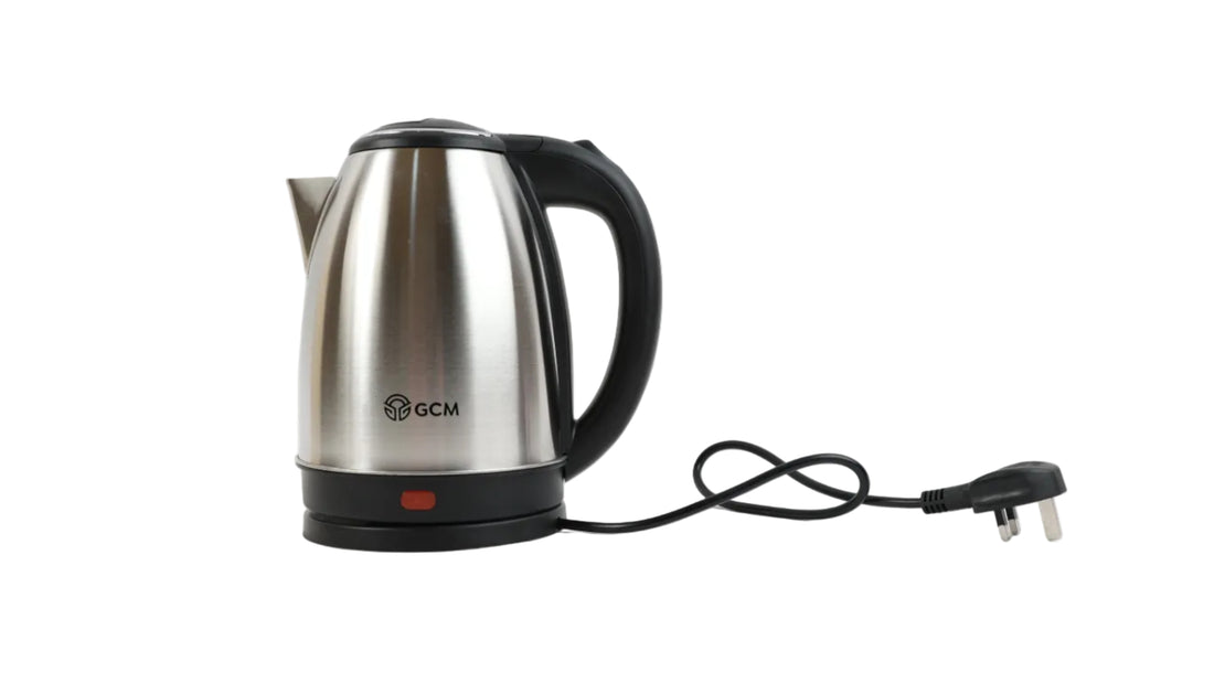 Stainless steel electric kettle with black handle, open lid, and attached power cord