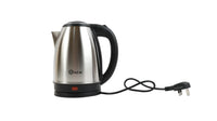 Stainless steel electric kettle with black handle, open lid, and attached power cord