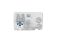 Travel empty bottle set in a clear organizer case with white lids and bottles