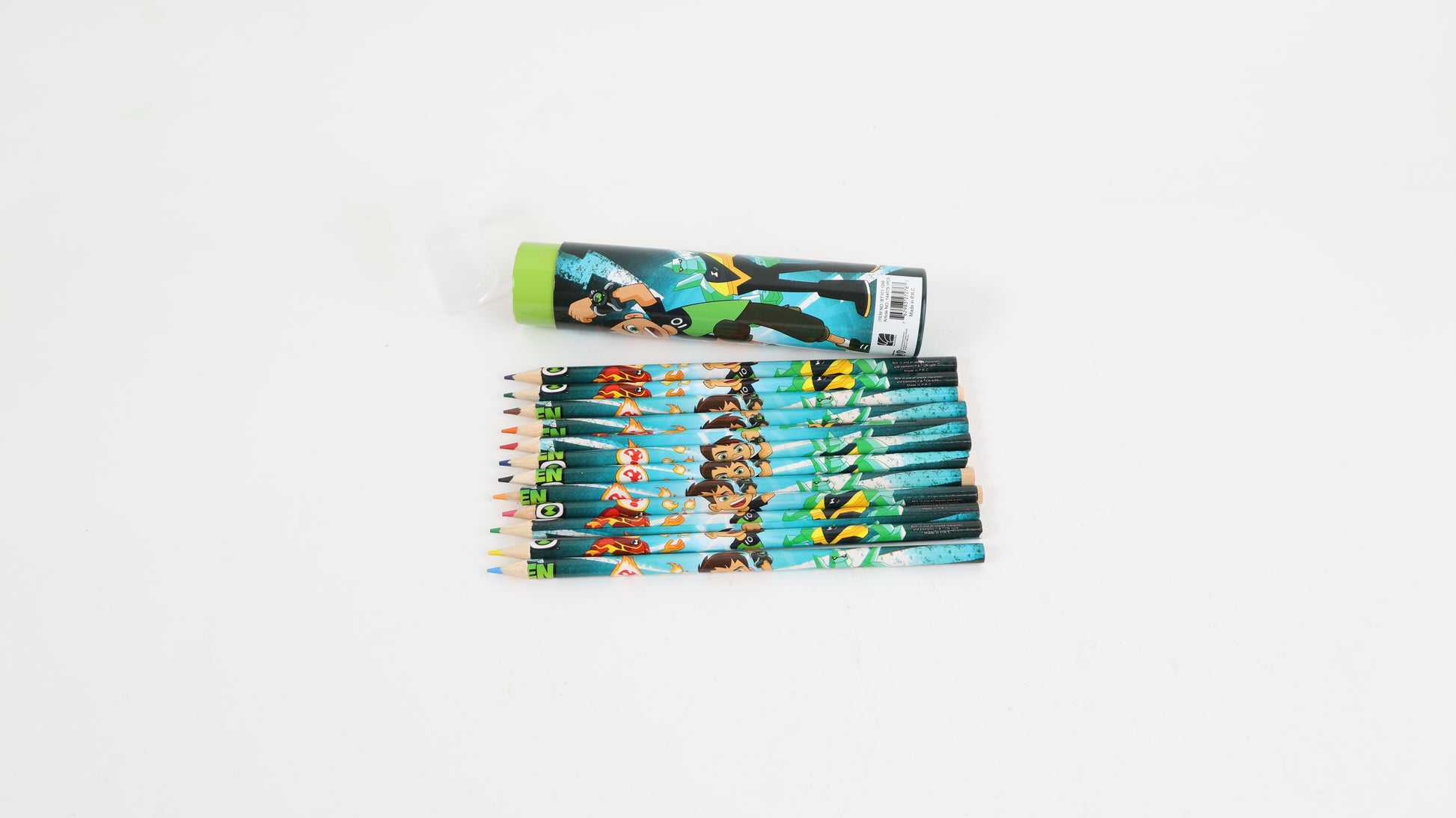Round tube of BEN10 color pencils with pencils fanned and green cap