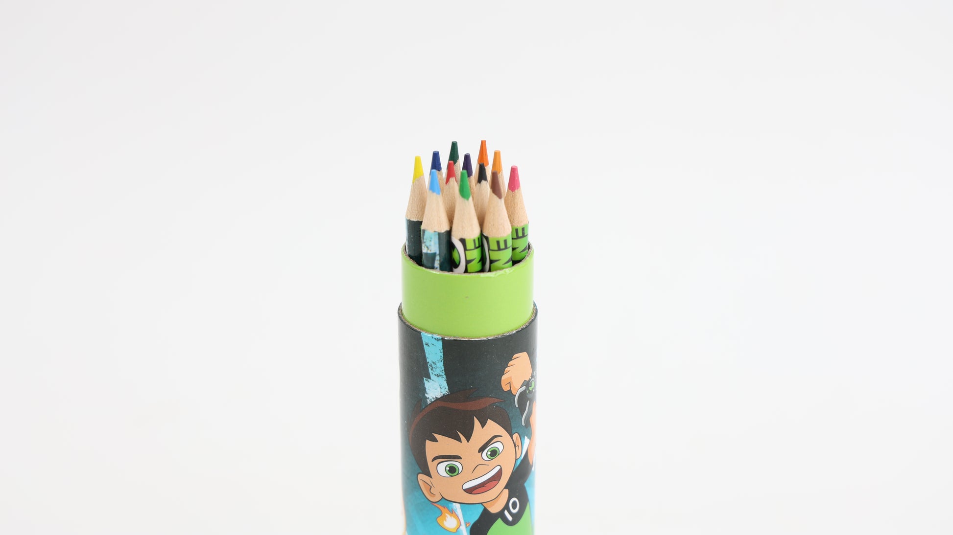 BEN10 12 color pencils in round tube with green top and character print