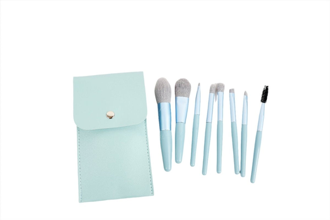 Light blue makeup brush set with folded case and 8 assorted brushes