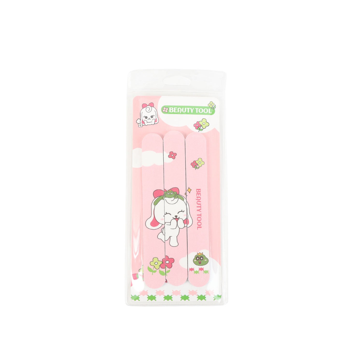 3-piece pink nail file set in clear pouch with cartoon character design