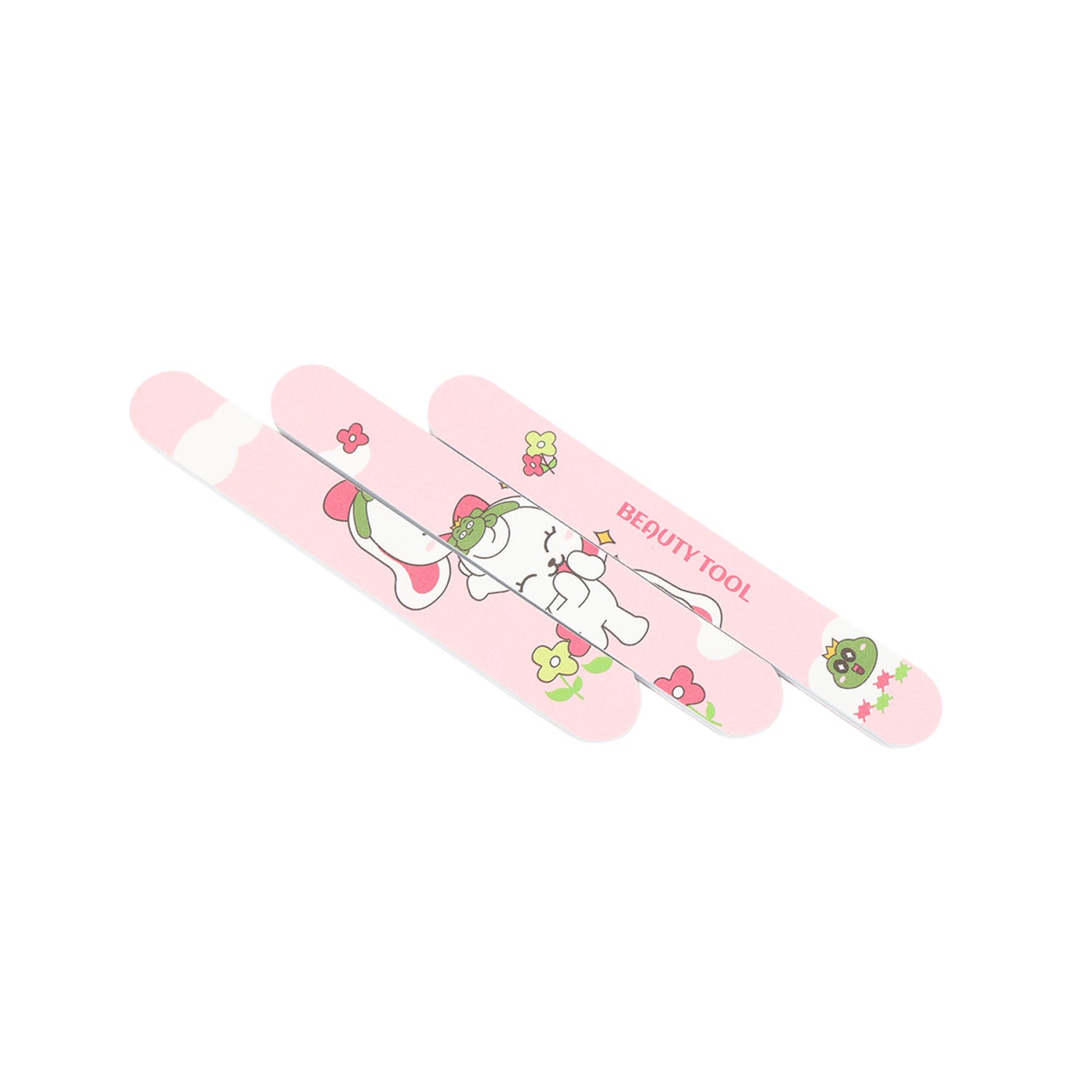 Three pink nail files with cartoon character illustration and green flower details