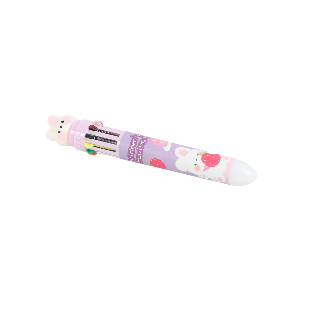 Bunny-topped multicolor ballpoint pen with pink holder and transparent ink window