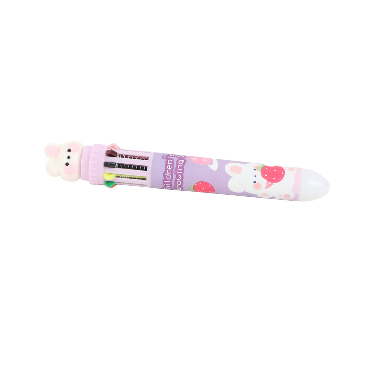 Bunny multicolor ballpoint pen with white barrel and pink strawberry graphics