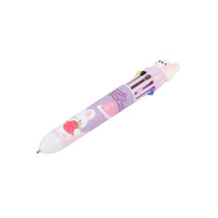 Multicolor ballpoint pen tip with bunny end cap, white barrel and pink strawberry print