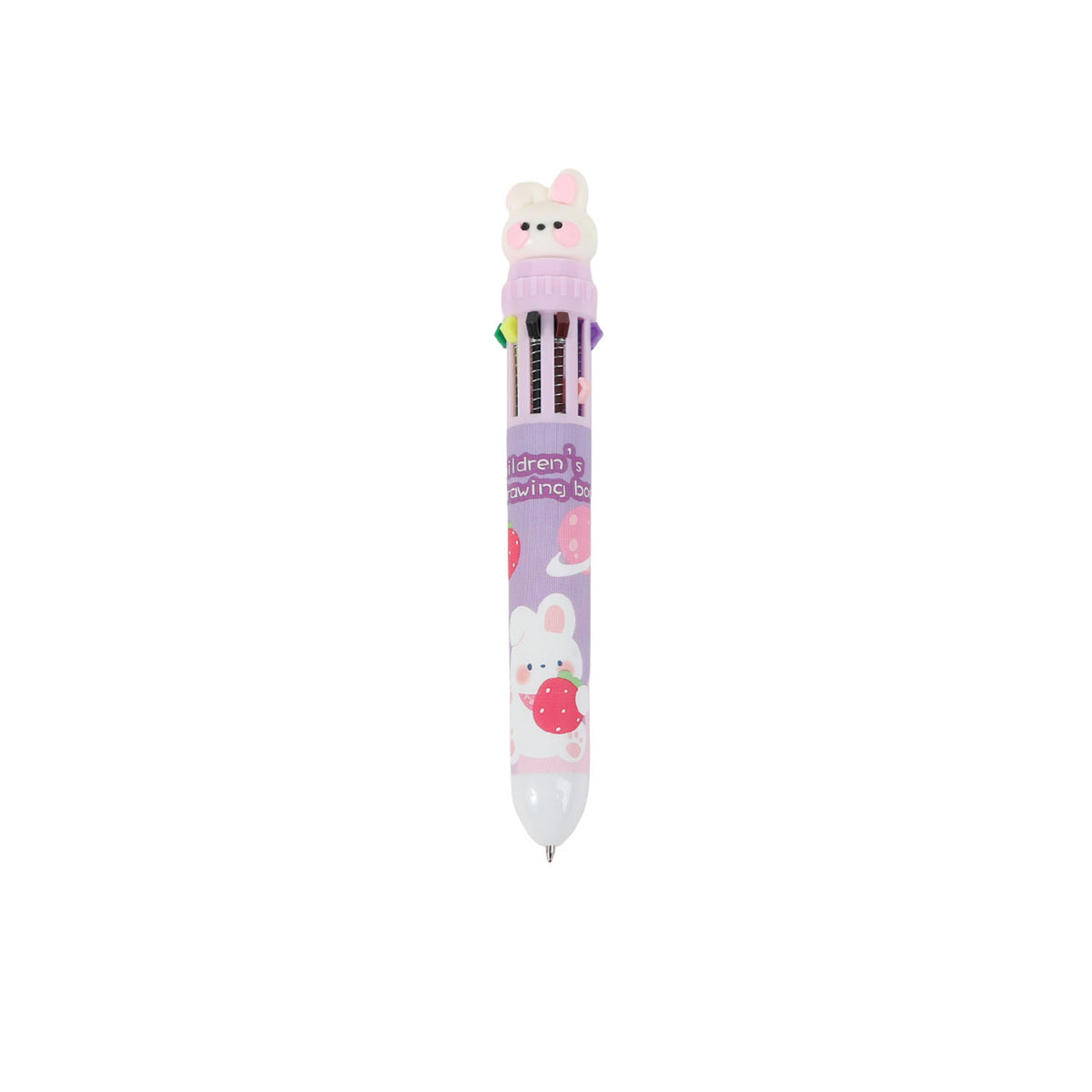 Bunny-topped multicolor ballpoint pen with white barrel and pink strawberry pattern