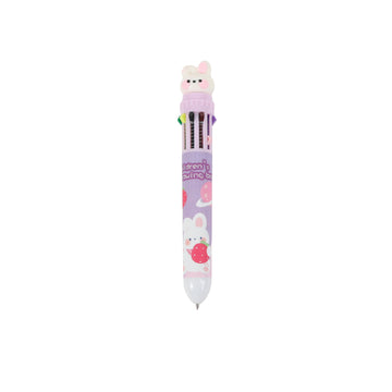 Bunny-topped multicolor ballpoint pen with white barrel and pink strawberry pattern