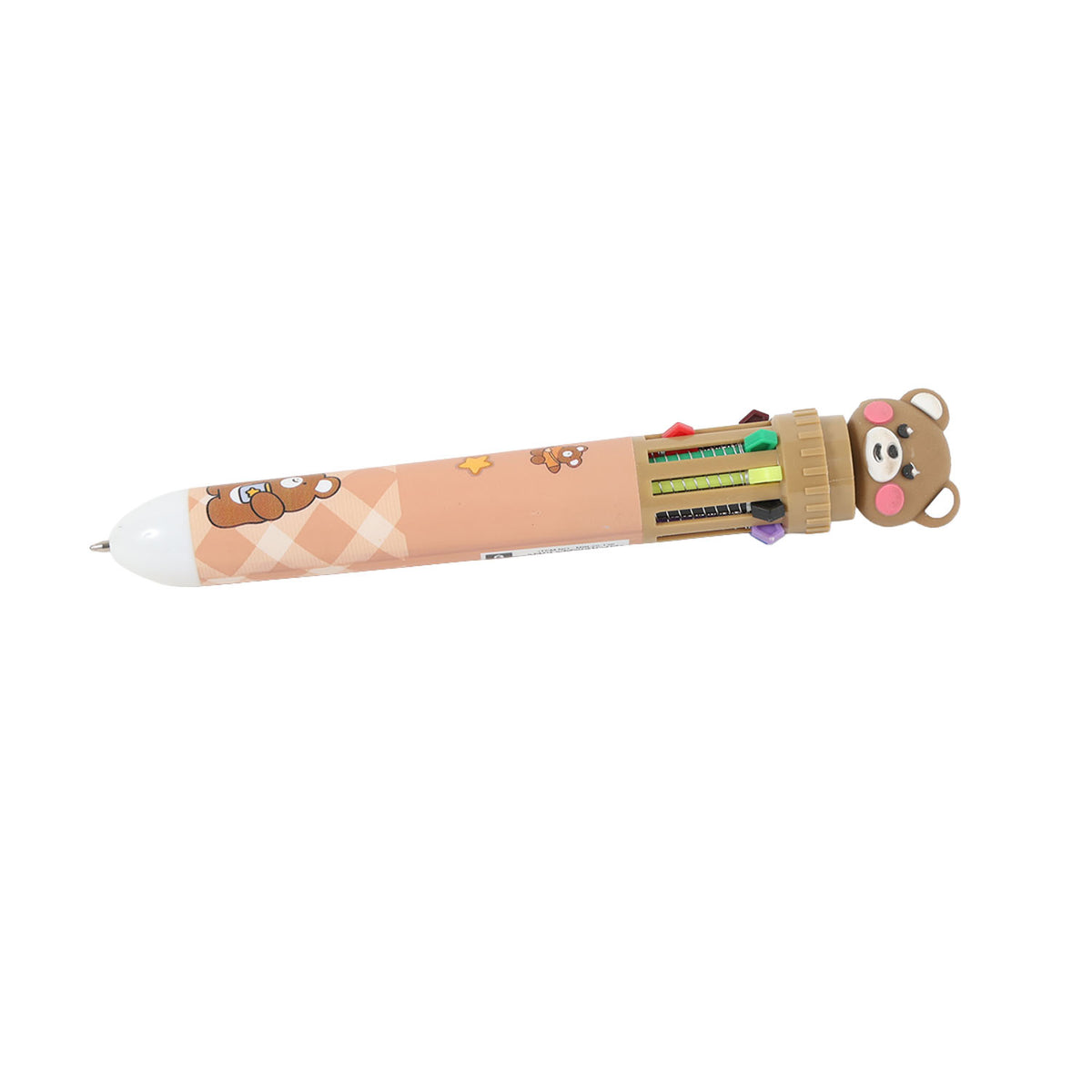 Cartoon ballpoint pen with bear topper, pink-beige barrel and colored refill labels