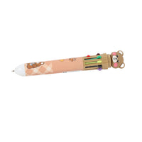 Cartoon ballpoint pen with bear topper, pink-beige barrel and colored refill labels