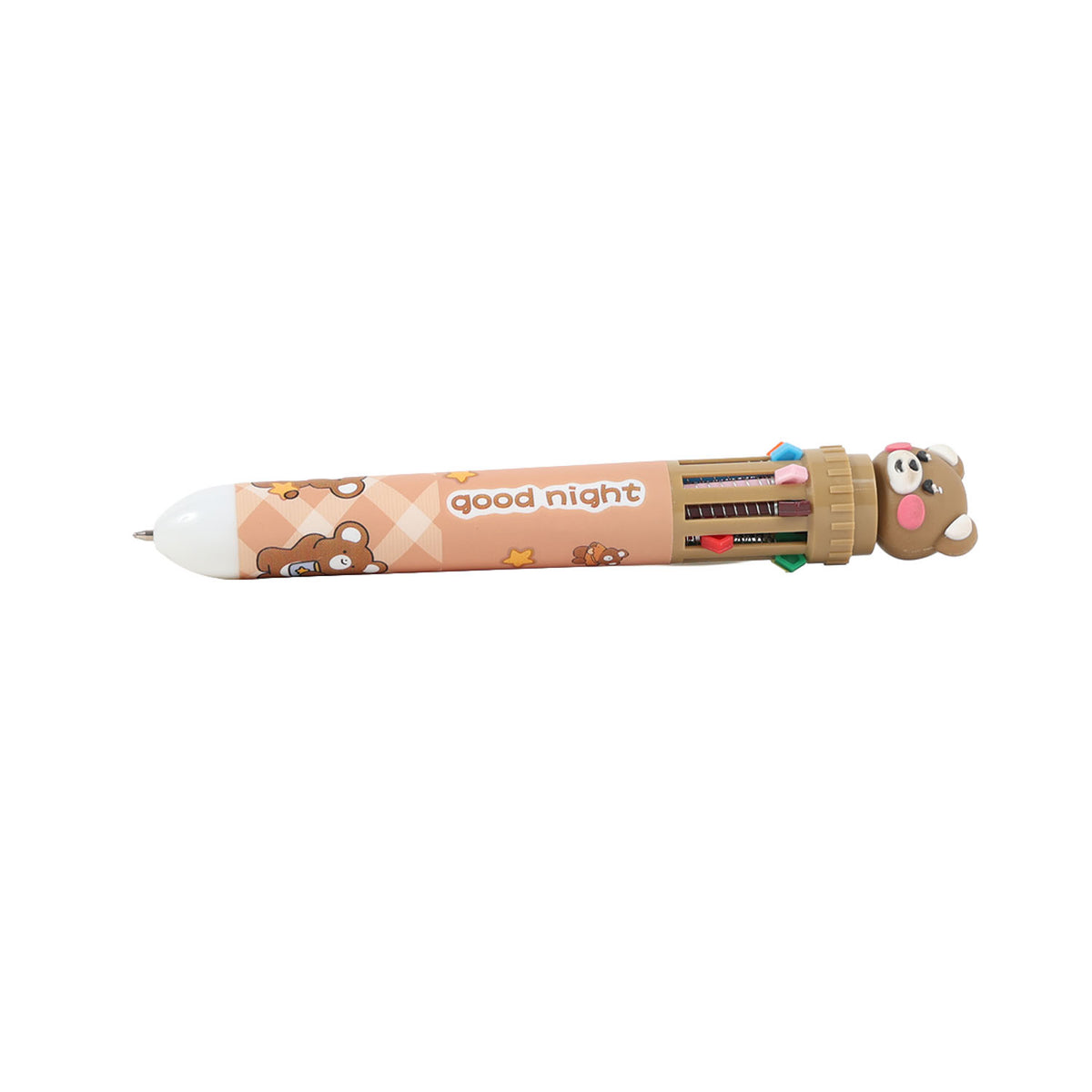 Printed ballpoint pen with bear end cap, pink-beige barrel and good night text