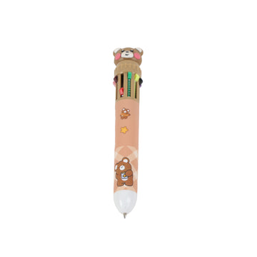 Printed ballpoint pen with bear charm, pink-beige barrel and multicolor ink tips