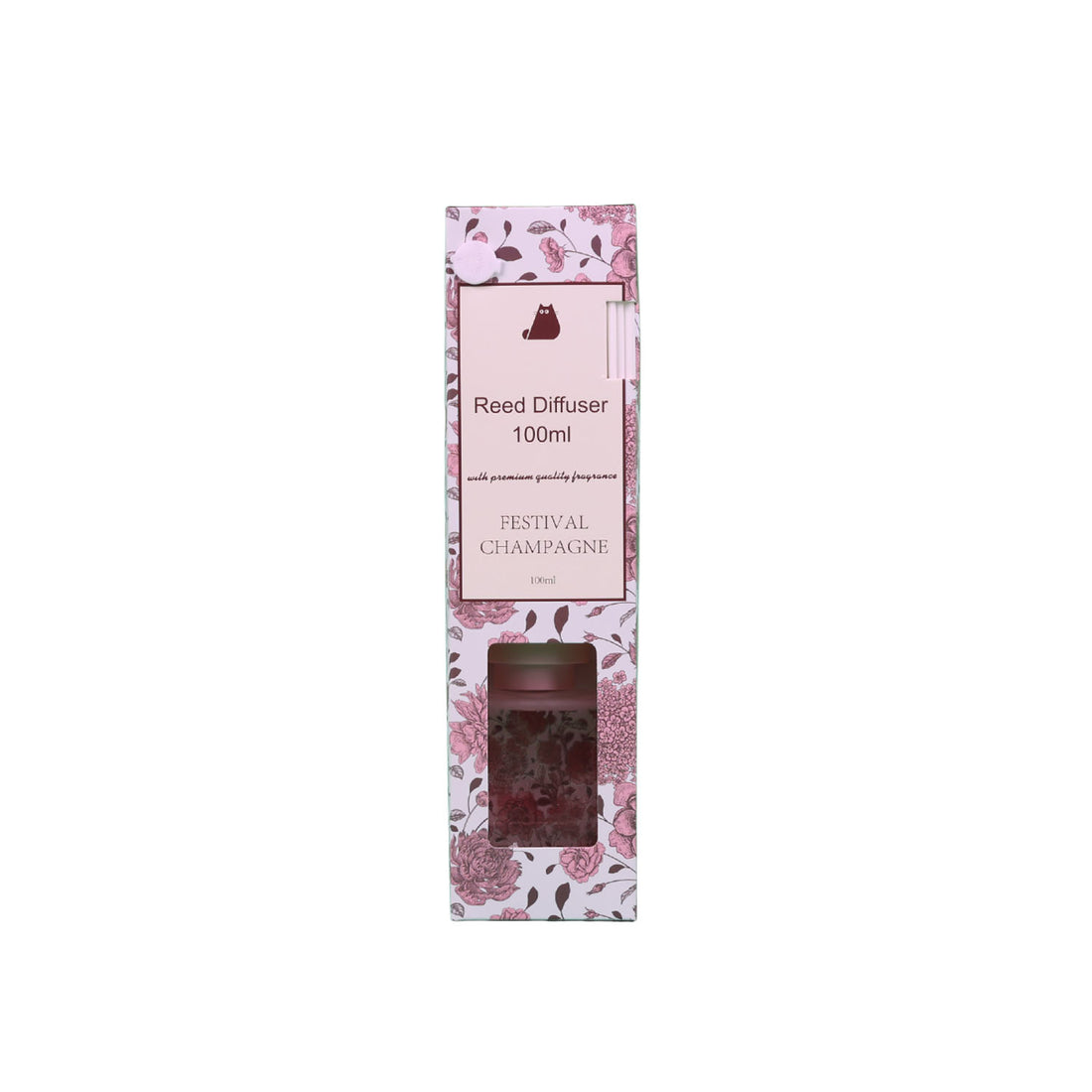 Floral 100ml reed diffuser box with front window and dark fragrance reservoir