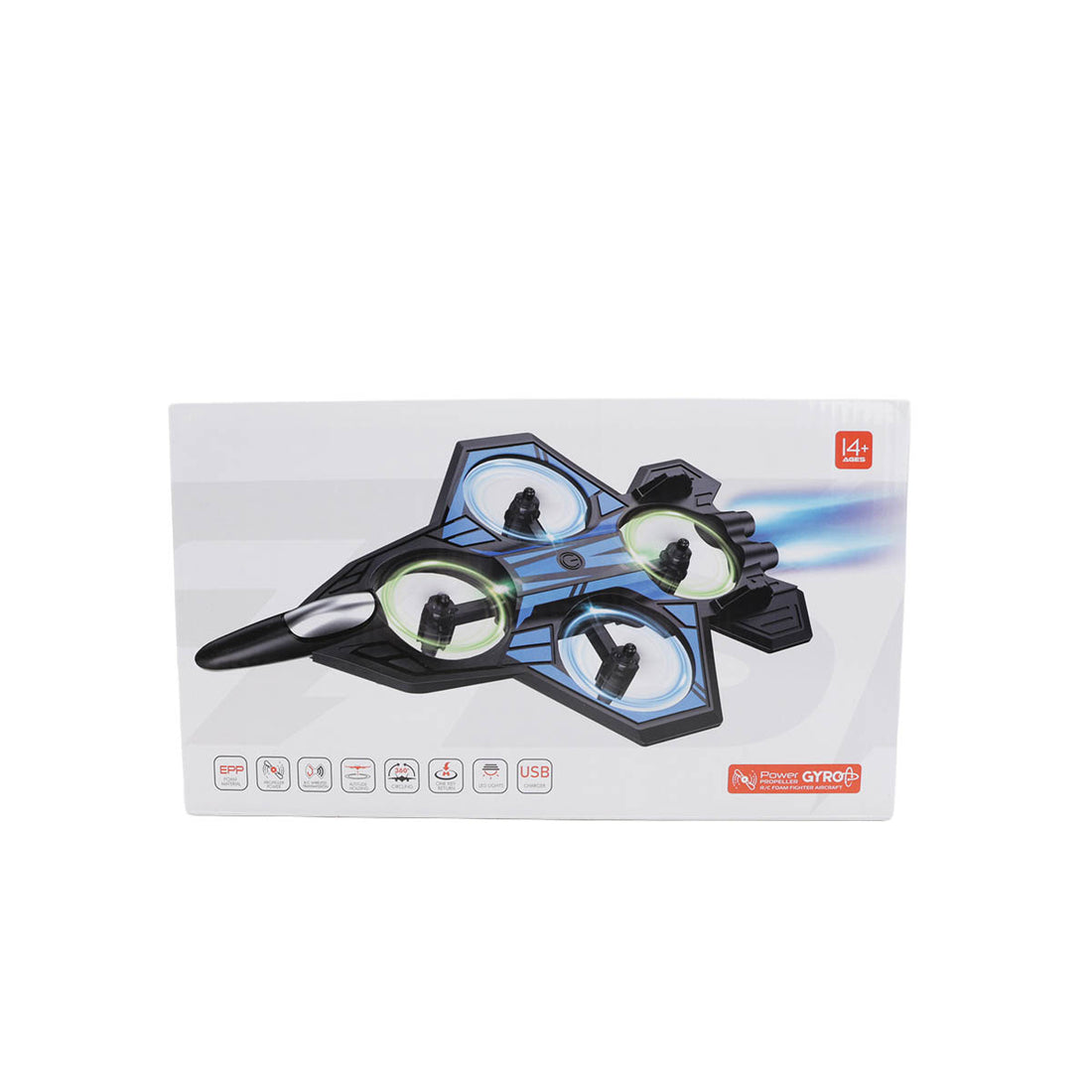 Blue and black foam aircraft shown on the retail package