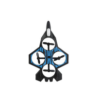 Top view of blue and black aircraft showing its four propellers