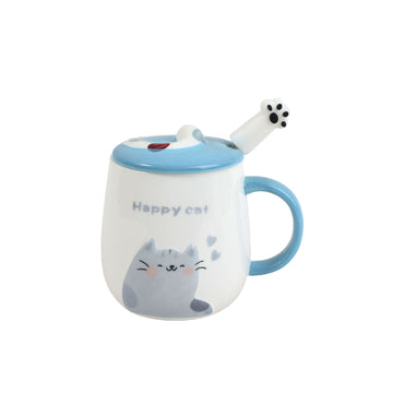 Ceramic cup with blue lid, cat face print, side handle and paw-shaped stem
