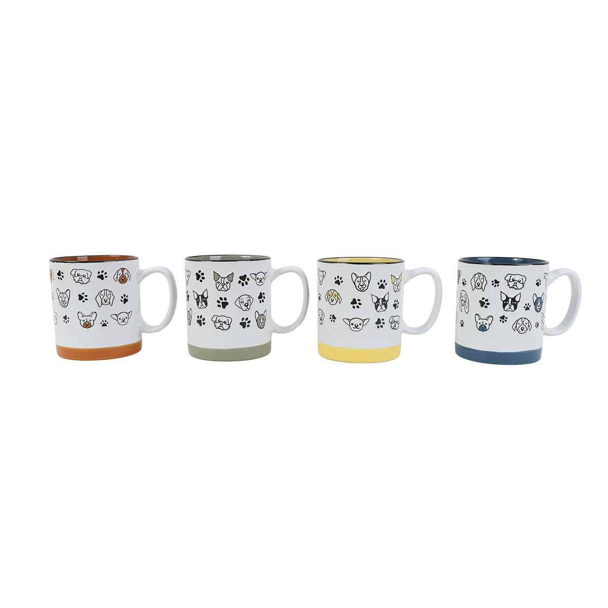 Four 400ml ceramic cups with pet faces and paw prints, mixed bases: orange, sage, yellow, blue