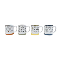 Four 400ml ceramic cups with pet faces and paw prints, mixed bases: orange, sage, yellow, blue