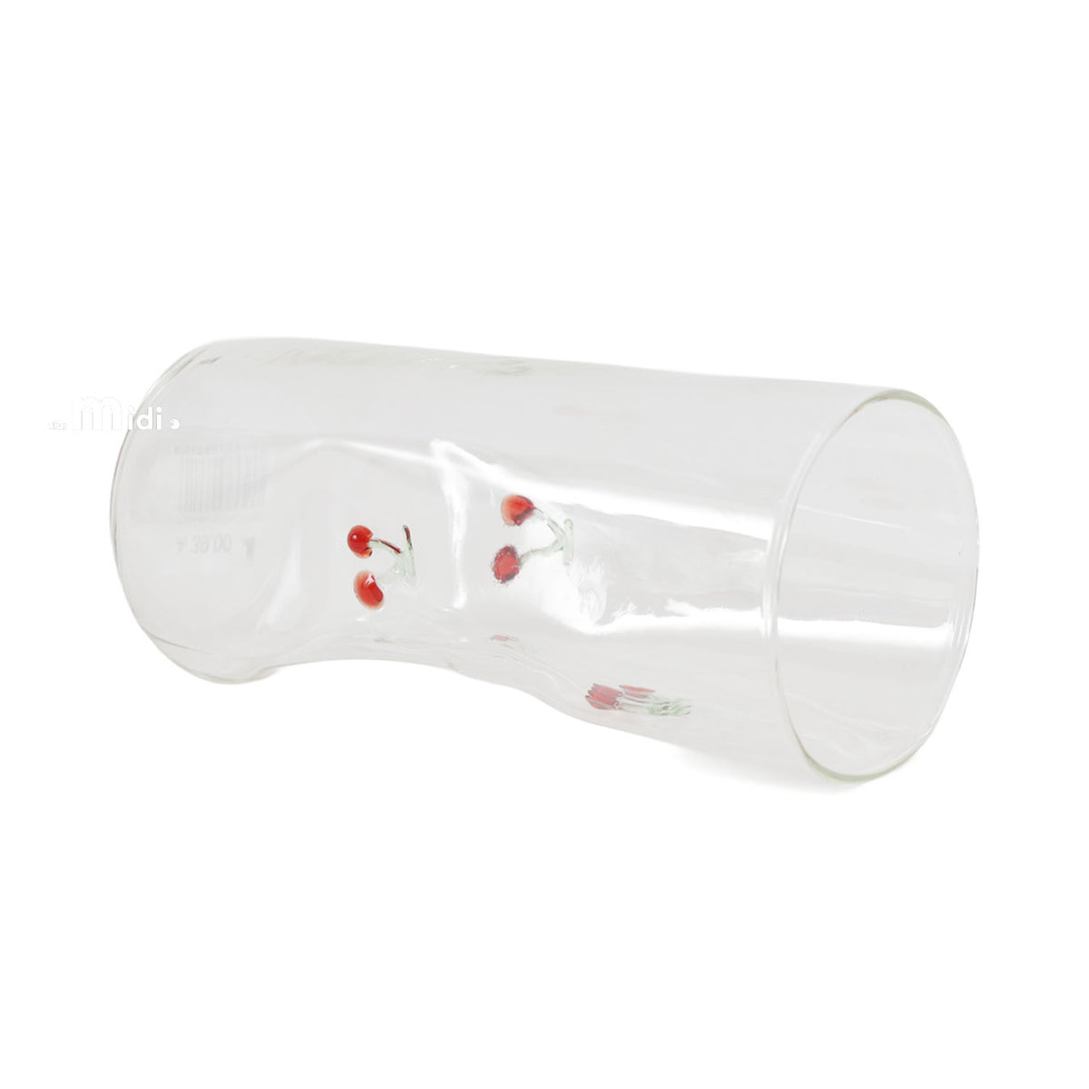 Clear glass drinking cup with cherry motif, cylindrical with wide rim