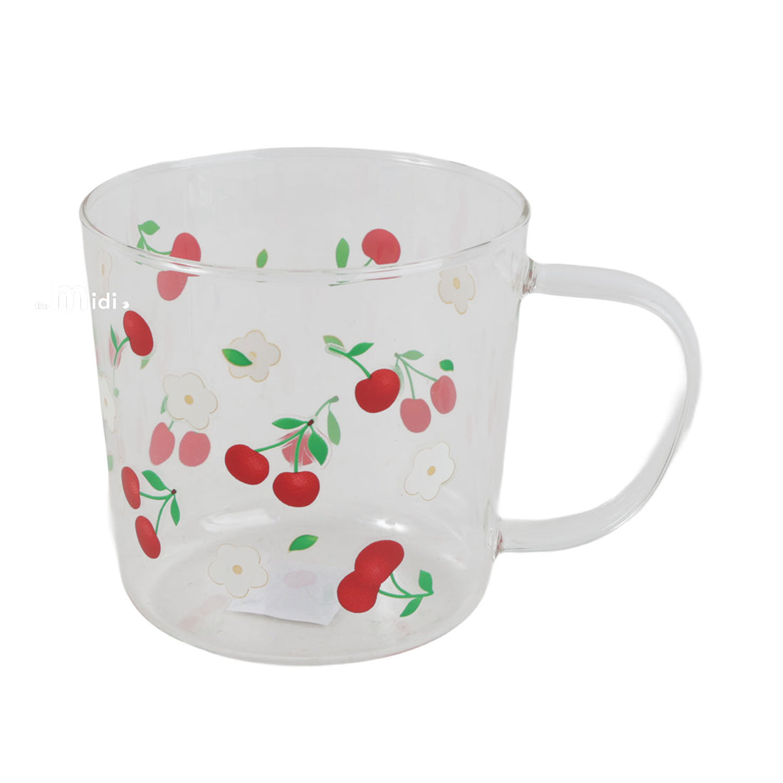 Clear glass cup with red cherry and green leaf fruit print, curved handle