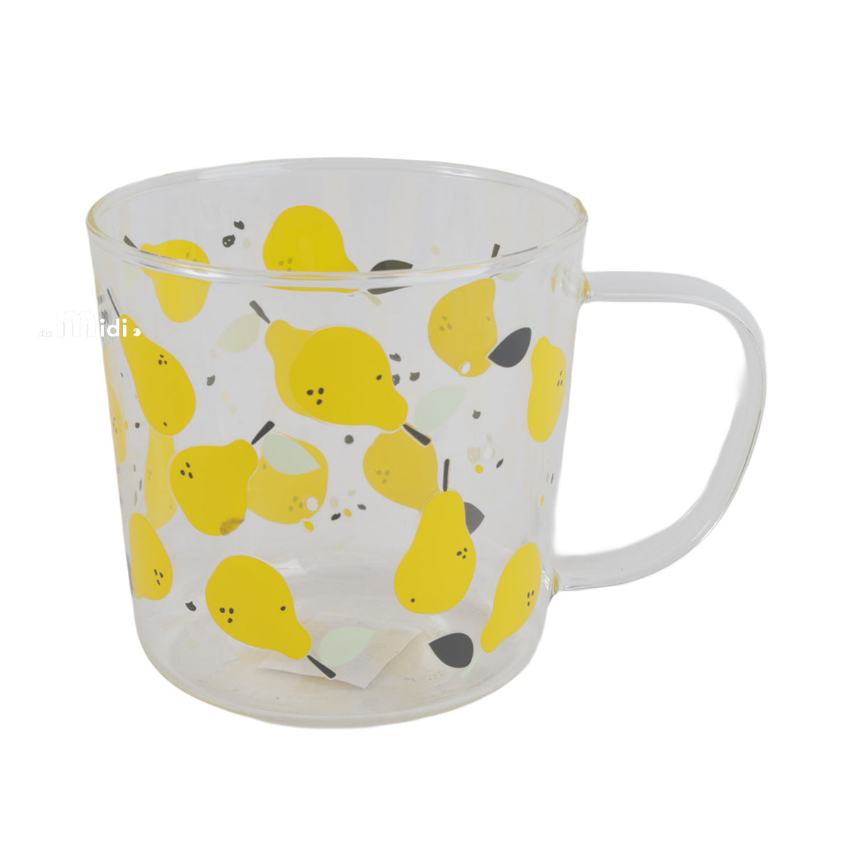 Clear glass cup with yellow fruit print and small black seeds, curved handle