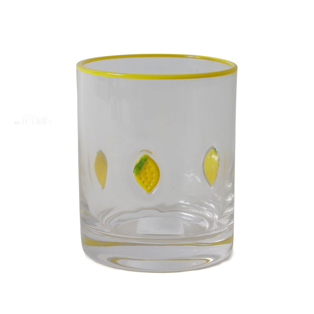 Transparent glass-style mouth cup with yellow rim and small lemon slice patch prints