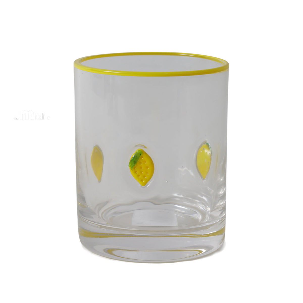 Transparent glass-style mouth cup with yellow rim and small lemon slice patch prints